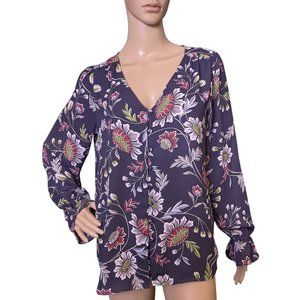 Ann Taylor LOFT Floral Tunic Bell Sleeve Flowing Feminine V Neck puffed shoulder